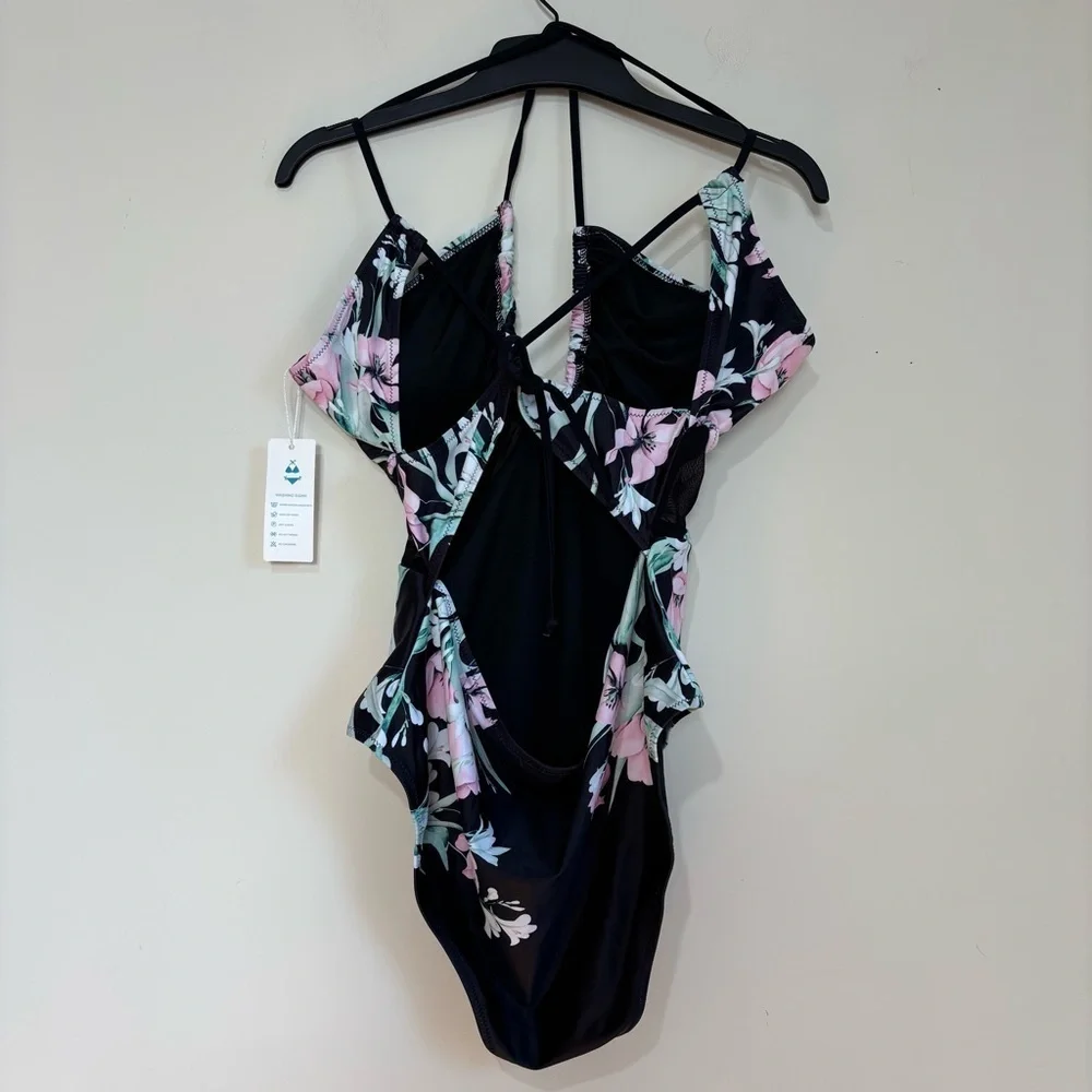beachsissi Mesh waist adjustable strap pink blue floral black One Piece Swimwear